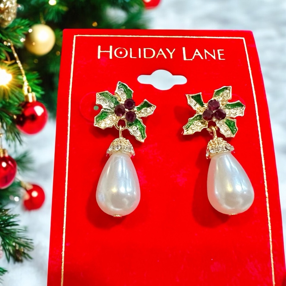 Faux Pearl Sparkle Dangle Earrings Red Green Christmas Gift For Her NWT
